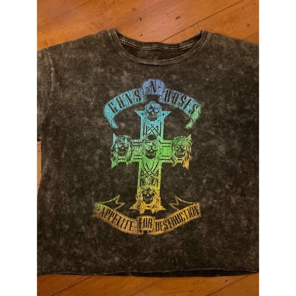 Guns N Roses Grey Cropped Band Tee- Sz Large - Distressed - Picture 5 of 8